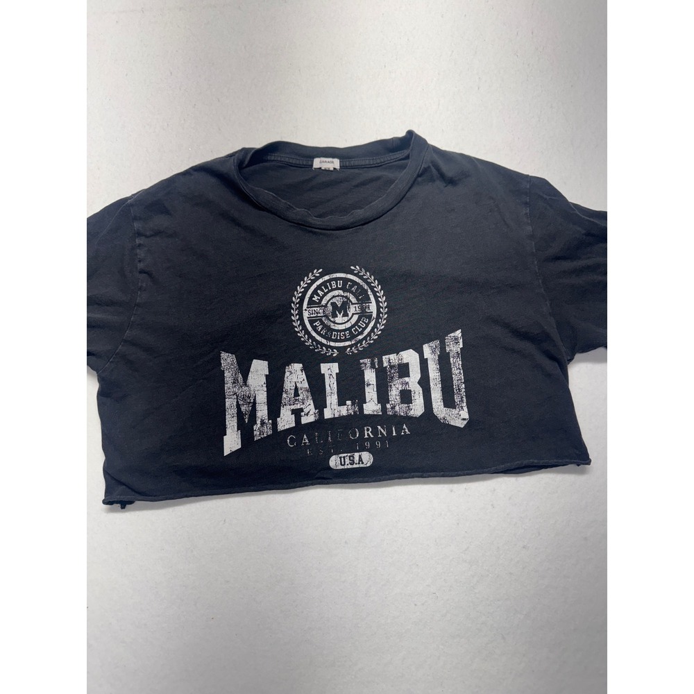 Garage Malibu California Graphic Crop Top Tee Washed Black Distressed Size M